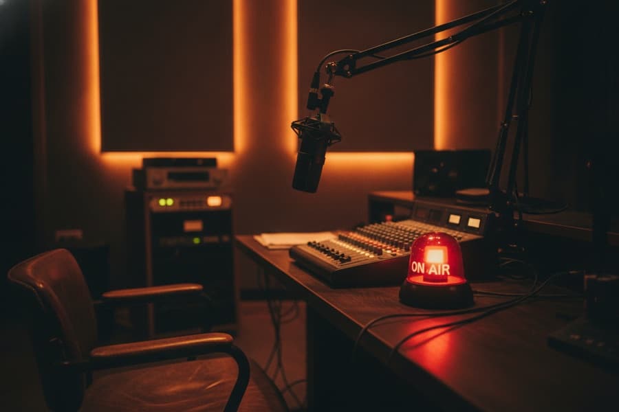 Phòng thu phát thanh với micro và đèn on-air